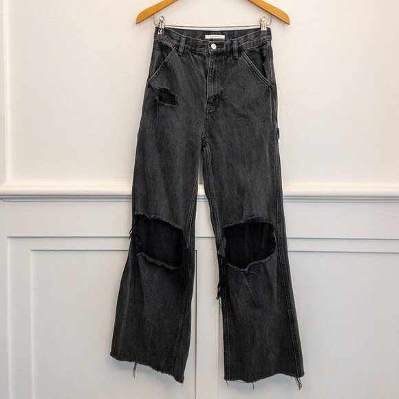 PACSUN Black Wide Leg Carpenter Jeans Distressed Ripped Knees Size 26 - Picture 1 of 5